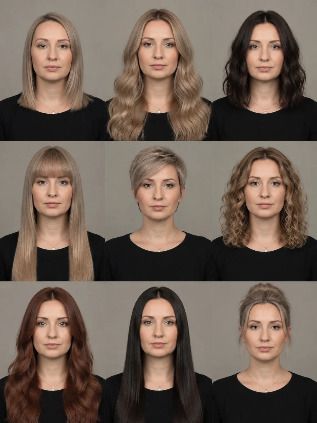 Sample 6: grid of nine AI hairstyle previews of the same person.