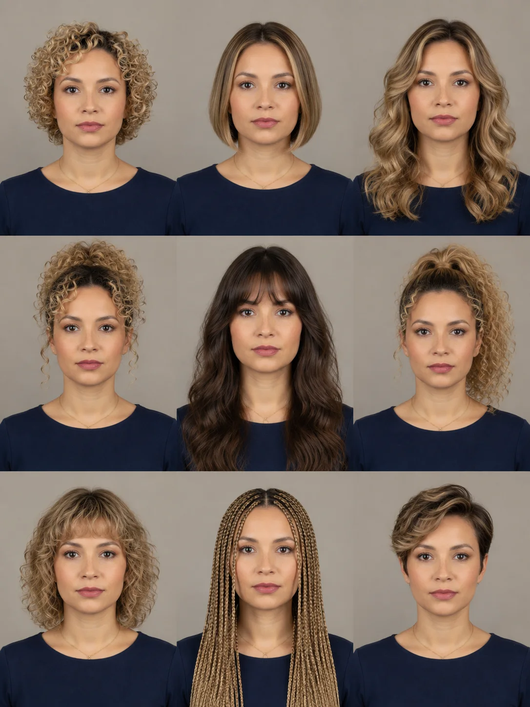 Sample 5: grid of nine AI hairstyle previews of the same person.