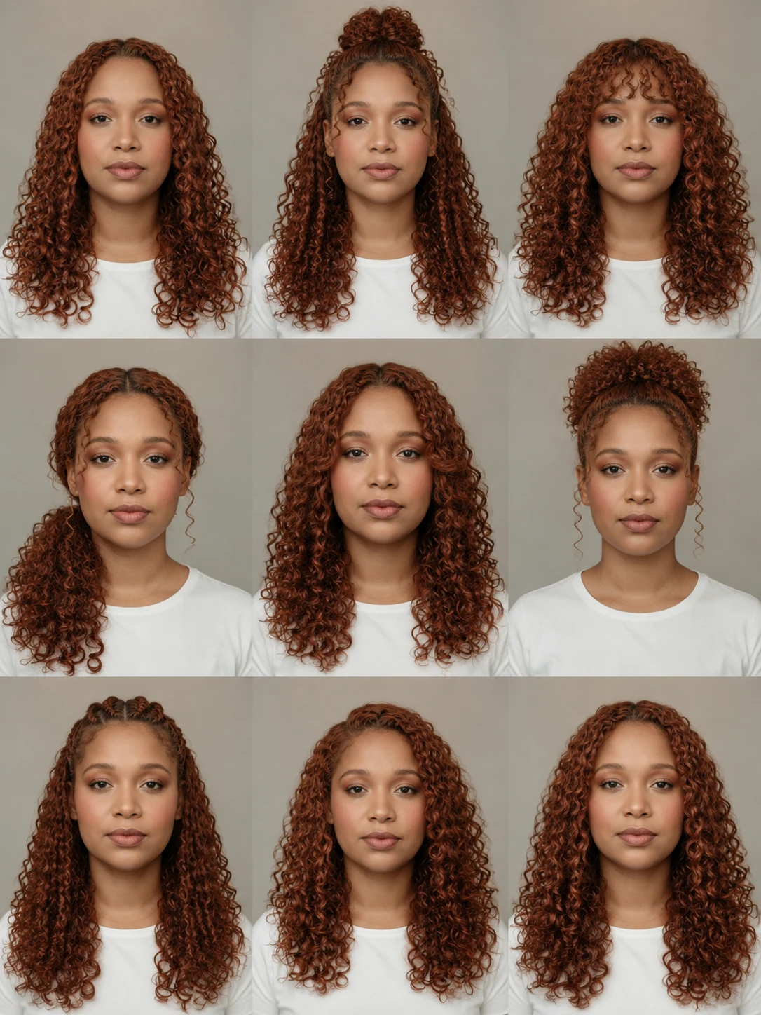 Sample 1: grid of nine AI hairstyle previews of the same person.