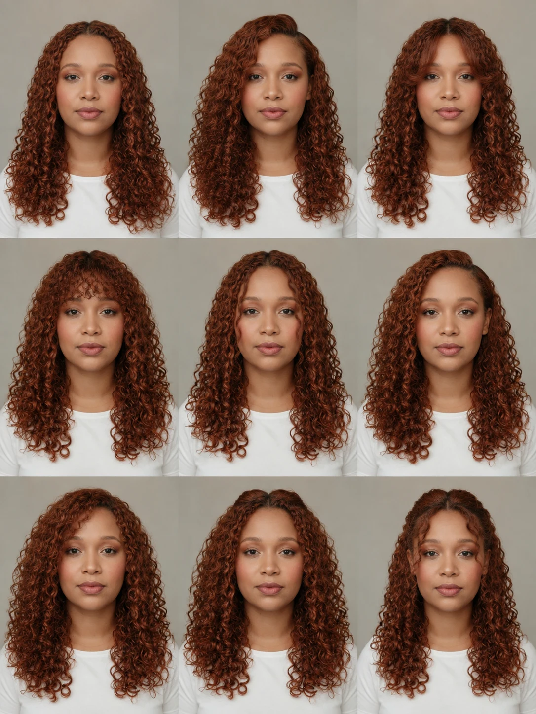 Sample 2: grid of nine AI hairstyle previews of the same person.
