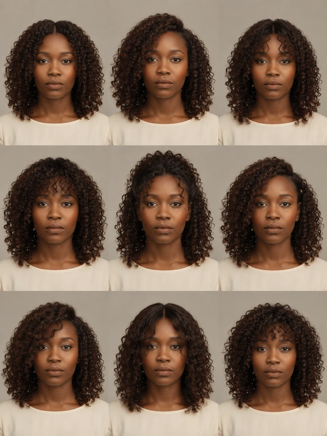 Sample 3: grid of nine AI hairstyle previews of the same person.