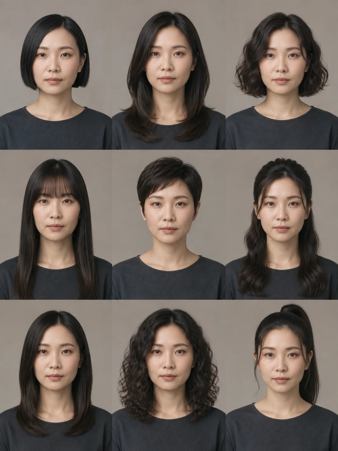 Sample 4: grid of nine AI hairstyle previews of the same person.