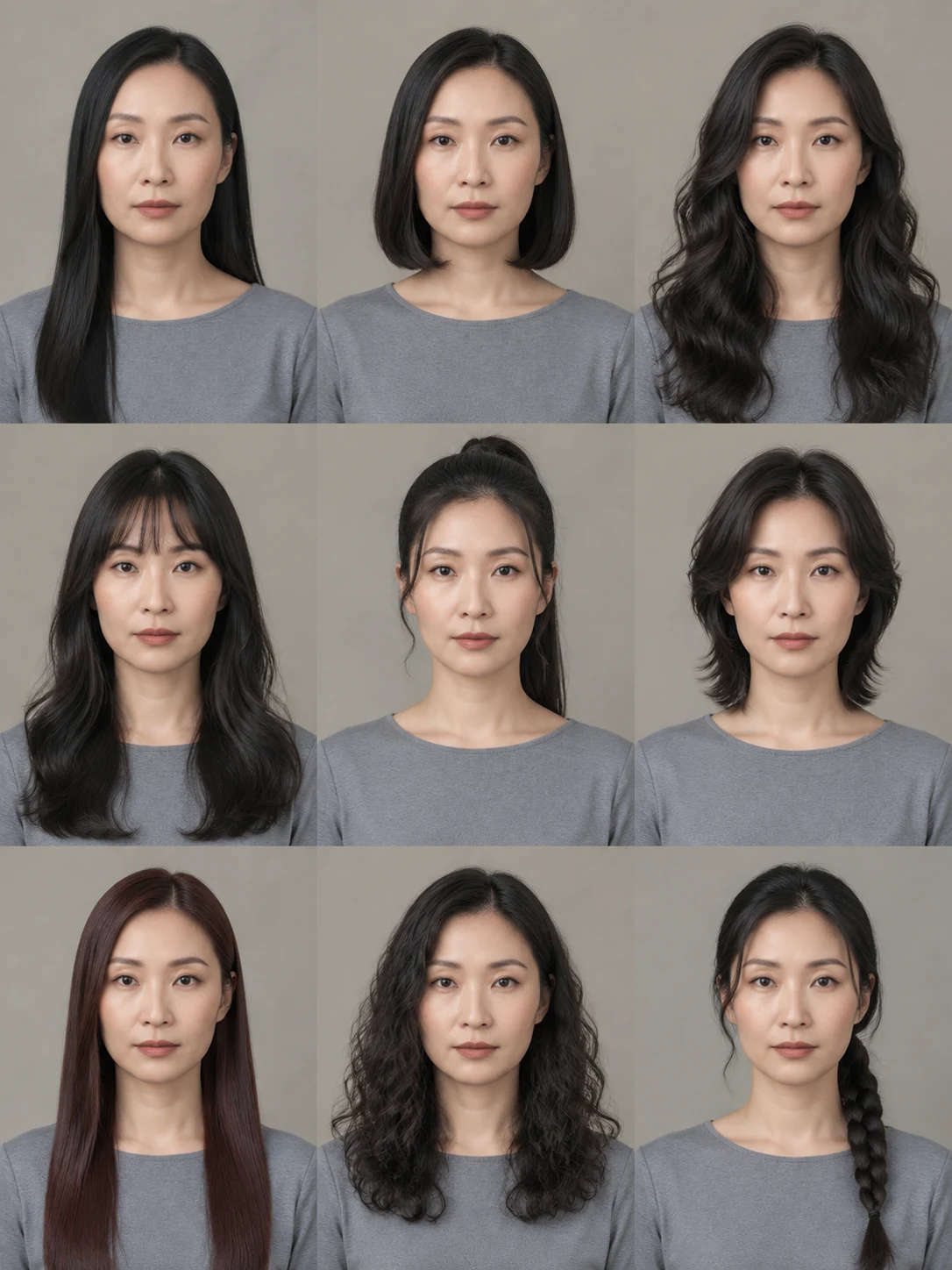 Sample 7: grid of nine AI hairstyle previews of the same person.